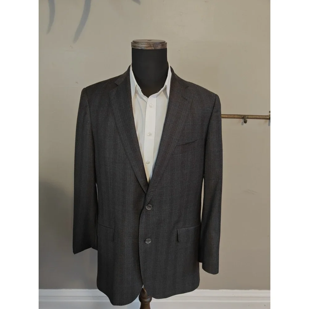 J Hilburn Mens 43L Wool Sport Coat Blue Brown Plaid Classic Fit 2 Button D701